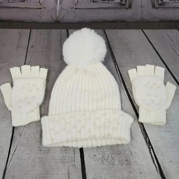 White Knit hat with Super Pom and Faux Pearl Accents Hat and Fingerles Glove set - Picture 9 of 12